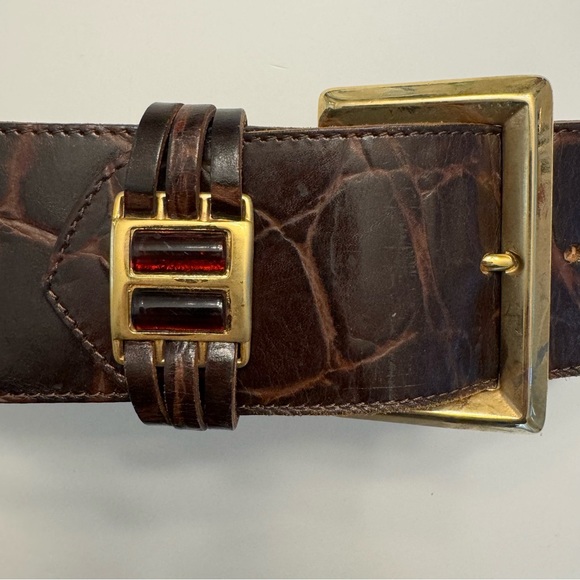 Linea Pelle Wide Croc Embossed Leather Belt Rhinestone Vintage Ruby Red -Fall 24 - Picture 3 of 11